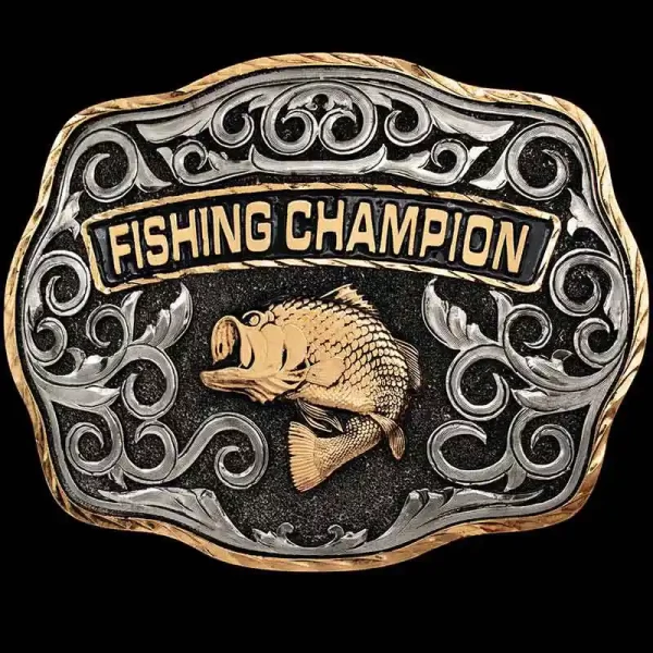A custom men's belt buckle trophy for Fishing Champion featuring a bass figure