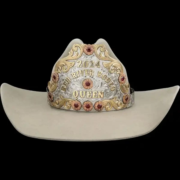 A custom queen crown with personalized bronze lettering, natural finish and copper flowers on the tiara, with a strap for cowgirl hats 