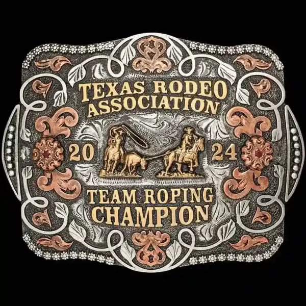 A custom rodeo belt buckle trophy for Texas Rodeo Association featuring a team roping figure