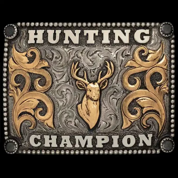 A hunting belt buckle featuring a deer head
