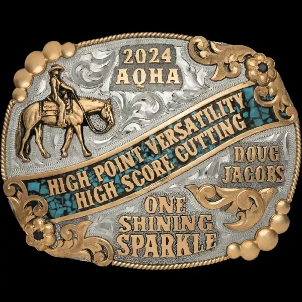 A custom oval western pleasure belt buckle trophy for AQHA Cutting High Point Versatility featuring a cowgirl figure and a crushed turquoise banner