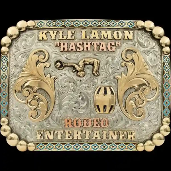 A custom rodeo clown belt buckle featuring Kyle Lamon Hashtag Rodeo Entertainer custom logo