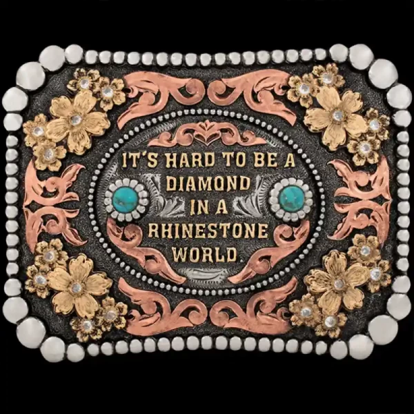 A custom women's belt buckle featuring flowers, turquoise stones and a personalized quote 