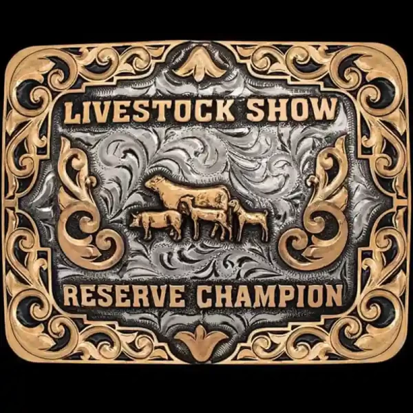 A custom square trophy belt buckle for men for Livestock Show Reserve Champion featuring a cow, goat, pig and lamb figures 