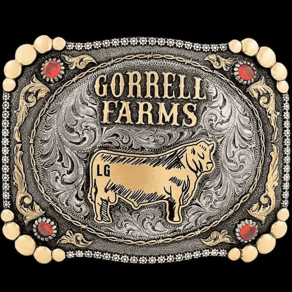 A custom farming belt buckle for Gorrell Farms featuring a cow figure
