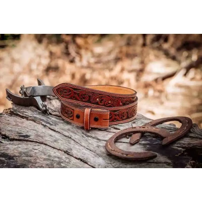 Leather Belts - Cowboy Tooled Leather Belt