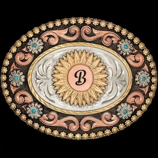A custom oval initials belt buckle for women featuring a sunflower figure