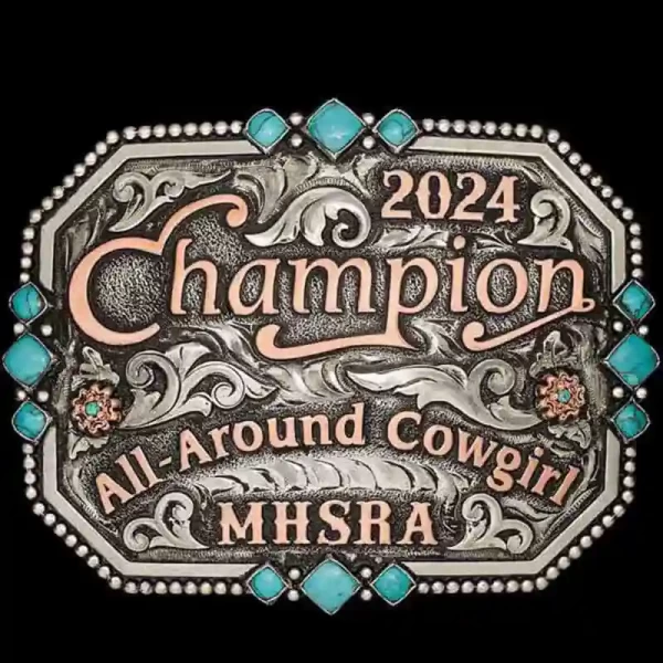  A custom square silver and turquoise belt buckle for women featuring MHSRA All Around Cowgirl Champion copper lettering