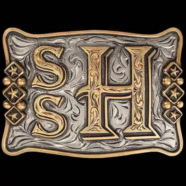 A custom initials belt buckle featuring two letters S and a big H