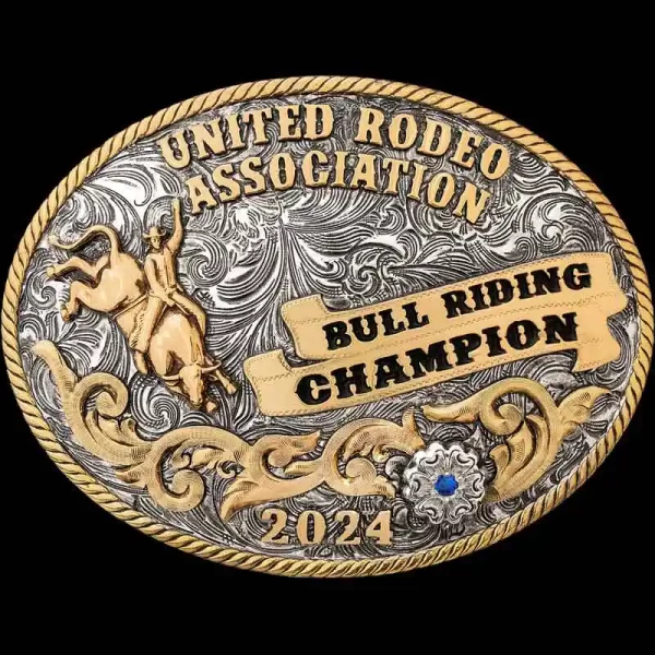 A custom oval rodeo belt buckle trophy for the United Rodeo Association Bull Riding Champion featuring a personalized bull rider figure