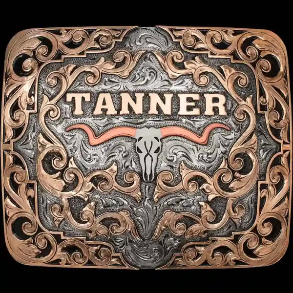 A custom square western belt buckle for men featuring a longhorn figure 