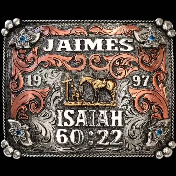 A custom square western belt buckle for men featuring a praying cowboy figure, personalized name and bible verse
