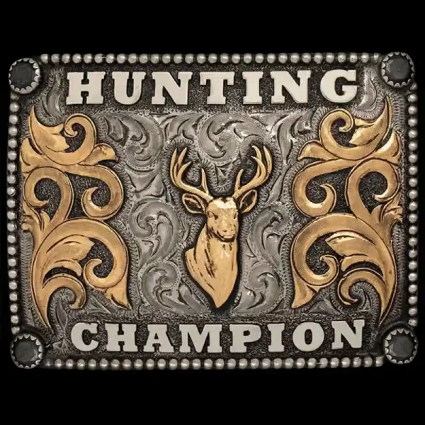 A custom square hunting belt buckle trophy featuring a deer figure 