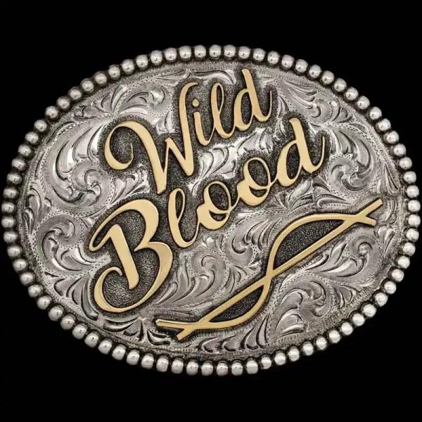 A custom oval belt buckle featuring a personalized quote