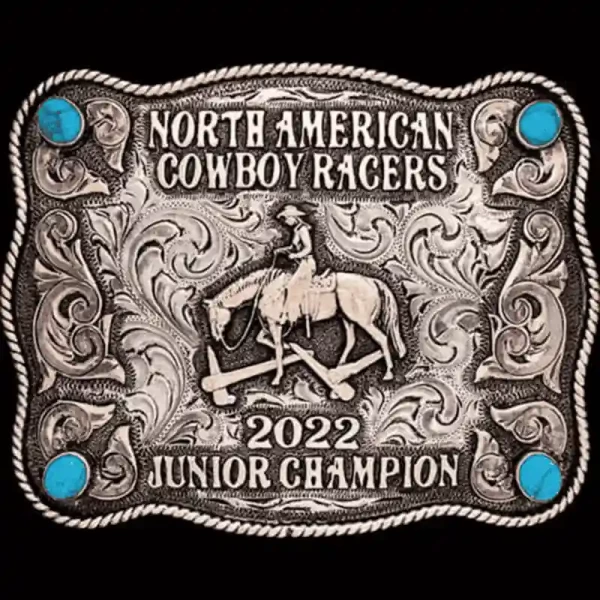 A custom trail riding belt buckle trophy for North American Cowboy Racers Junior Champion featuring a cowgirl figure 