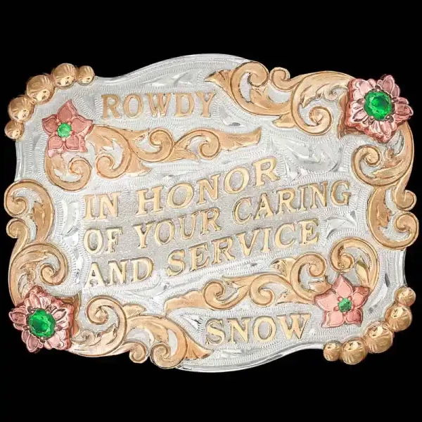 A custom silver plated military belt buckle featuring an honoring quote 