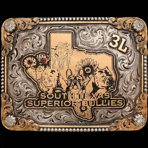 A custom square men's belt buckle for South Texas Superior Bullies featuring its custom logo with texas state and bull dogs figures
