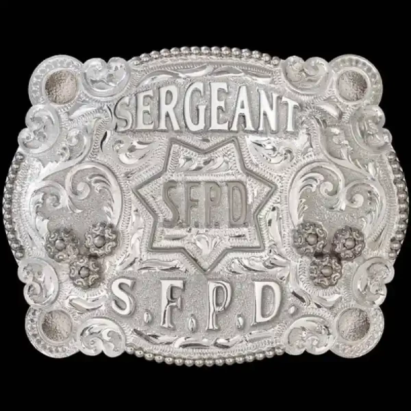 A custom silver police office belt buckle for San Francisco Police Department Sergeant featuring the SFPD logo