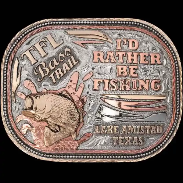 A custom fishing belt buckle featuring a bass figure 