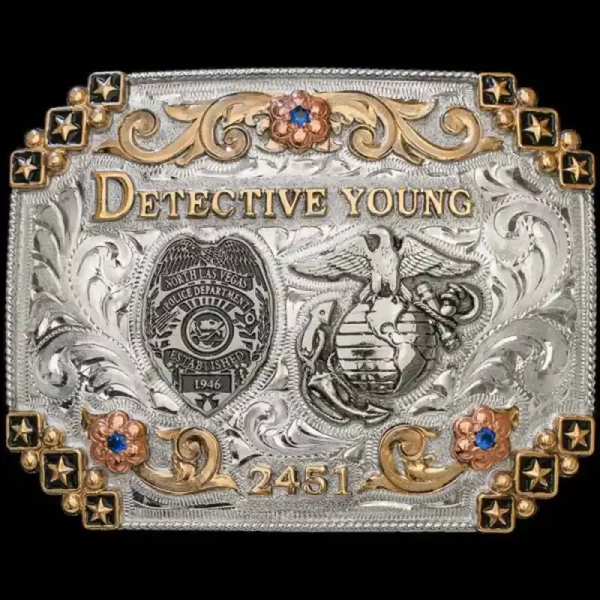 A custom police belt buckle featuring North Las Vegas Police Department logo and United States Marine Corps logo