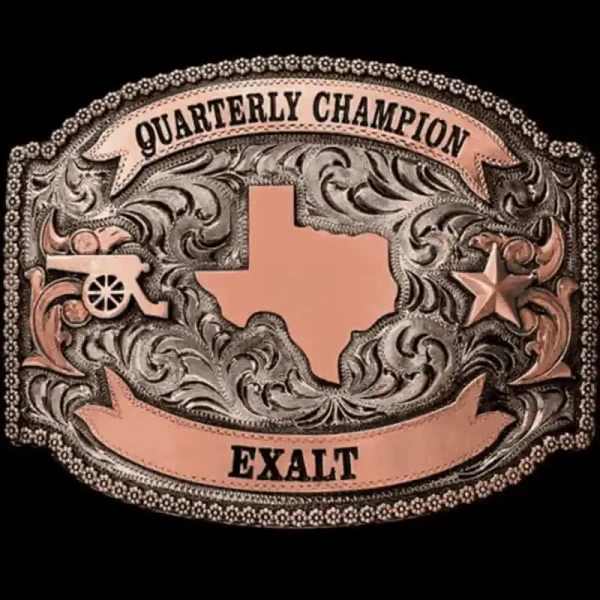 A custom texas belt buckle for men for Quarterly Champion Exalt featuring a texas state figure 