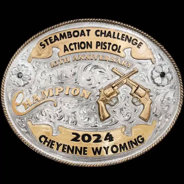 A custom oval shooting belt buckle trophy for Steamboat Challenge Action Pistol Champion featuring crossed guns golden bronze figure 