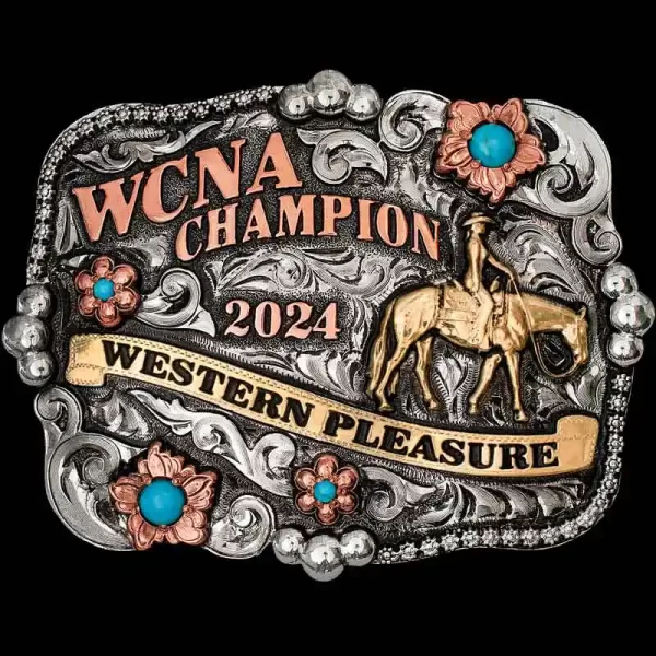 A custom women's western pleasure belt buckle trophy for WCNA Champion featuring a cowgirl figure 