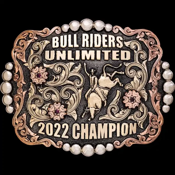A custom bull rider belt buckle trophy for Bull Riders Unlimited Champion featuring a bull rider figure 
