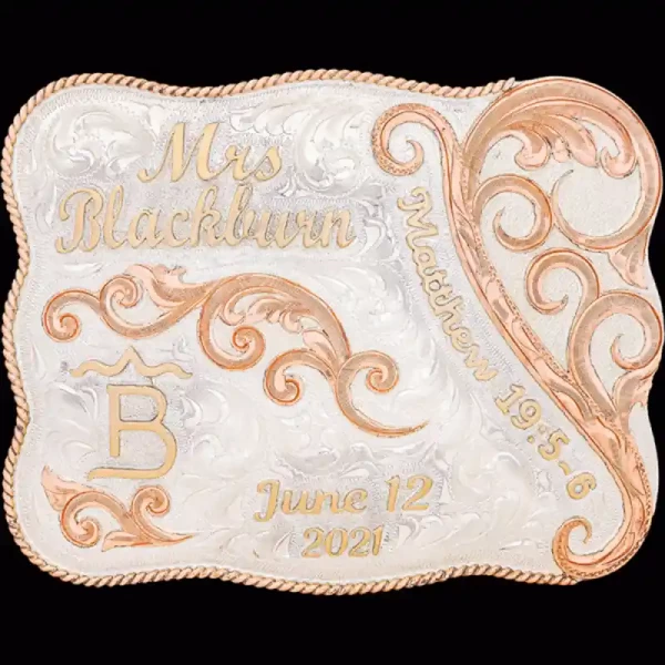 A custom wedding belt buckle for the bride