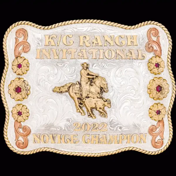 A custom trophy belt buckle for Ranch Invitiational Novice Champion featuring a cutting cowboy rodeo figure 