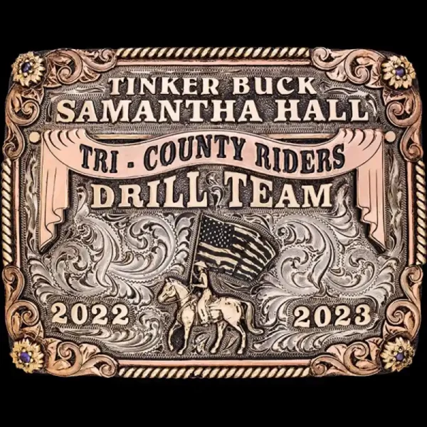 A custom square drill team belt buckle personalized with name featuring a cowgirl with the american flag 