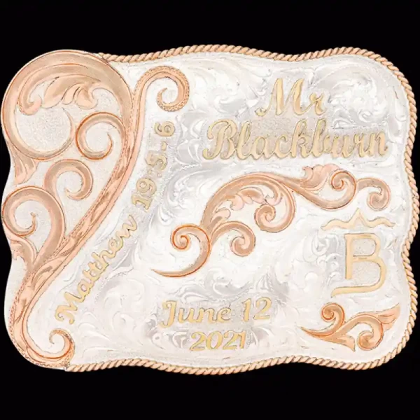 A custom wedding belt buckle for the groom