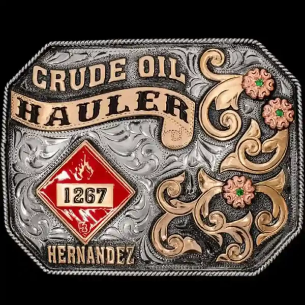A custom silver professional belt buckle for crude oil hauler featuring a flammable sign