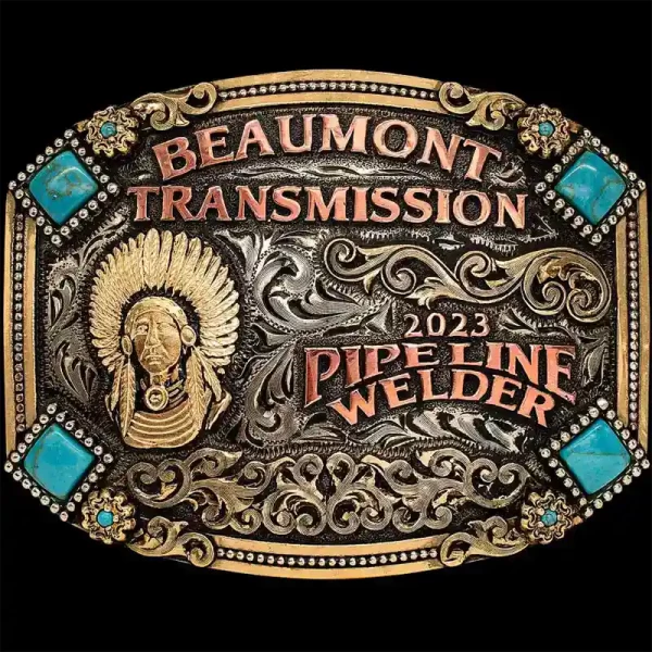 A custom men's belt buckle for Beaumont Transmisission Pipeline Welder featuring a cherokee figure and turquoise stones