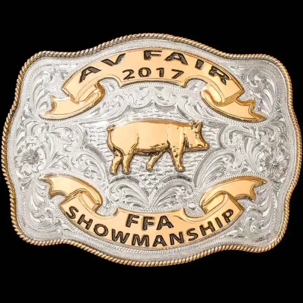 A custom award belt buckle for AV Fair FFA Championship featuring a golden bronze pig figure 