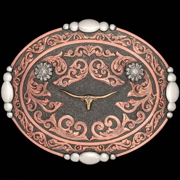 A custom oval western belt buckle for men featuring a longhorn figure