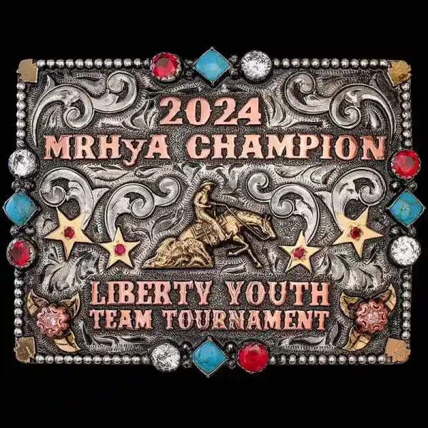 A custom square men's rodeo belt buckle for Liberty Youth Team Trounament Champion featuring a reining cowboy figure 