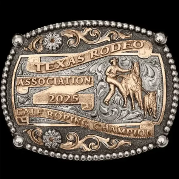 A custom men's belt buckle trophy for Texas Rodeo Association Calf Roping Champion 