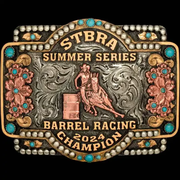 A custom square barrel racing belt buckle trophy for STBRA Summer Series Champion featuring a barrel racer cowgirl figure and turquoise stones