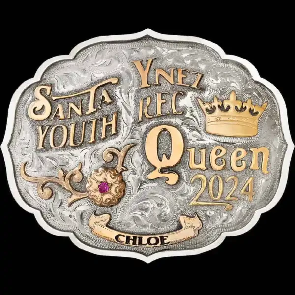 A custom rodeo queen belt buckle with personalized name featuring a queen crown figure 