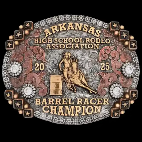 A custom oval barrel racing belt buckle for Arkansas High School Rodeo Association featuring a barrel racer cowgirl figure 