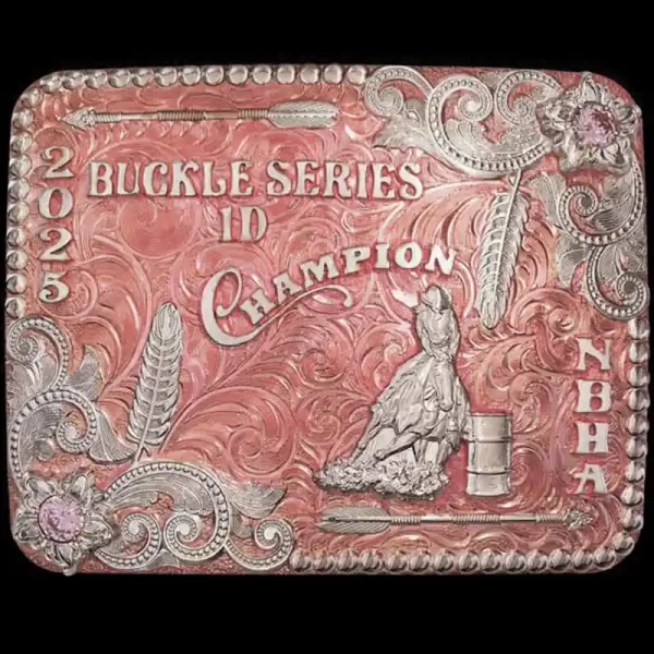 A custom rodeo belt buckle trophy for women for NBHA Fall Series 1D Champion featuring a barrel racing cowgirl figure 