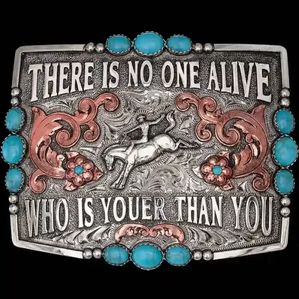 A custom square silver and turquoise western belt buckle featuring a bareback bronc rider figure 