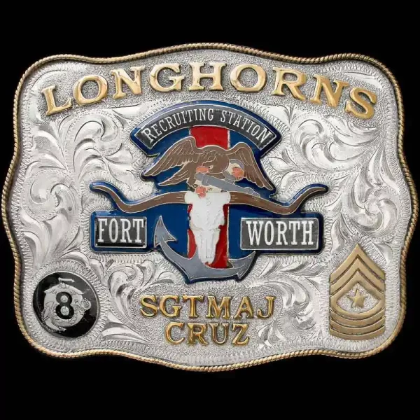 A custom military belt buckle for Longhorns Sergeant Cruz featuring the Fort Worth Recruiting Station custom logo