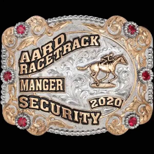 A custom silver horse racing belt buckle for AARD Racetrack Manger Security featuring a horse jockey figure 