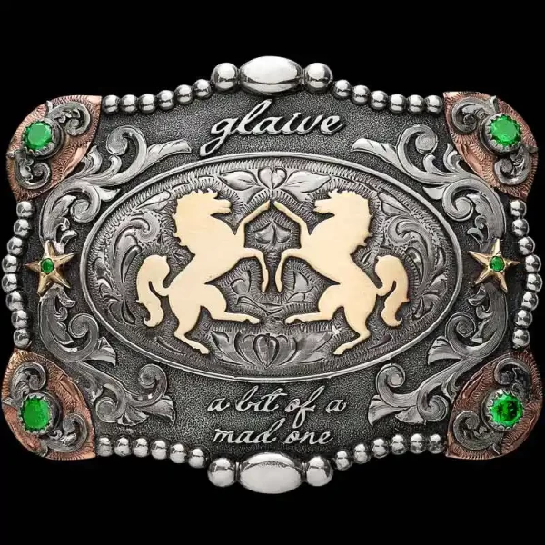 A custom western belt buckle for women featuring two horses figure 
