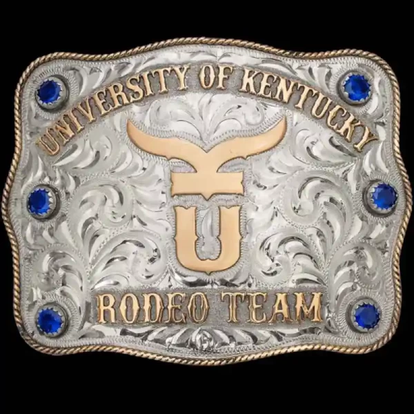 A custom graduation belt buckle for University of Kentucky Rodeo Team featuring the university's emblem