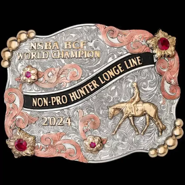 A custom women's trophy belt buckle for NSBABCF World Champion featuring a western pleasure cowgirl figure 