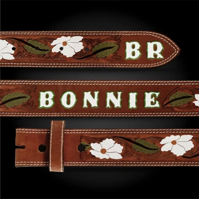 White Oak custom western leather belt handcrafted with premium silver accents by Molly's Custom Silver.