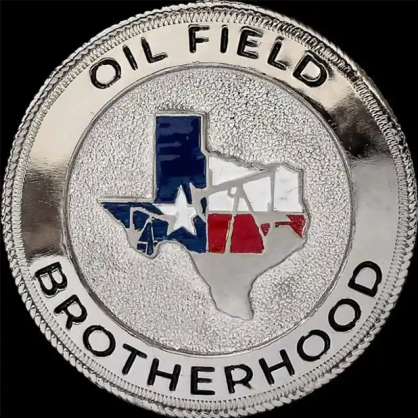A custom silver concho in dual matted and natural finish featuring rope edge and personalized logo 